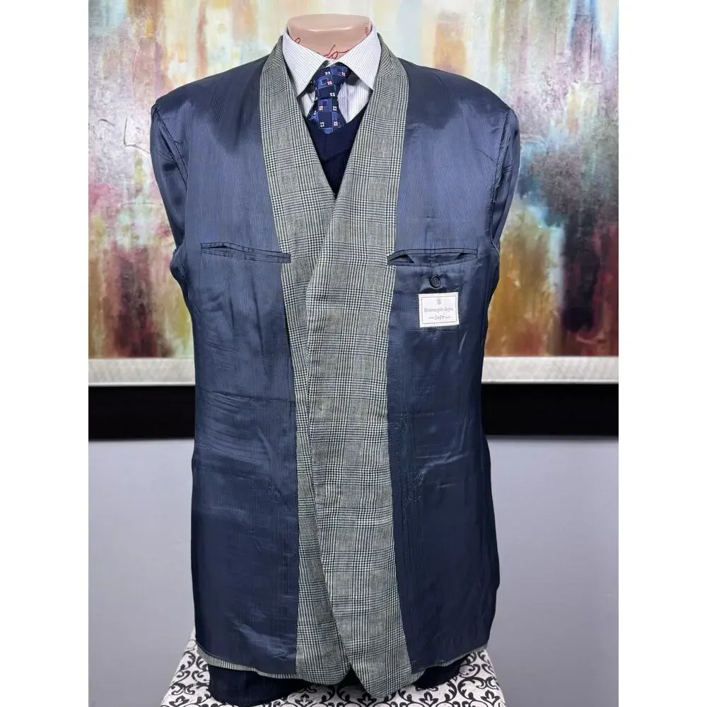 Ermenegildo Zegna Soft Blue Tan Glen Plaid Linen Wool Mohair Sport Coat 46R 56IT